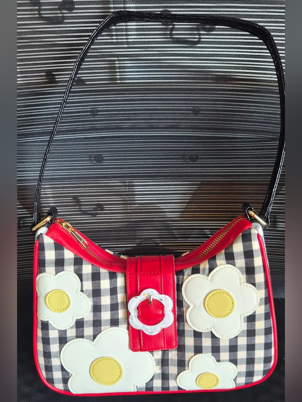 Red Trim Checked Shoulder Bag with Floral Appliqués